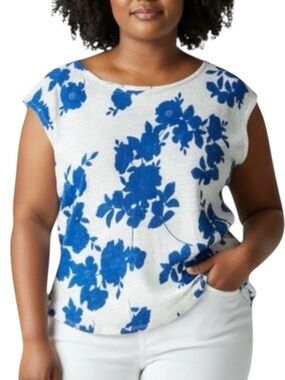 CYNTHIA ROWLEY 100% Linen Cap Sleeve Floral Top in Blue/White Size